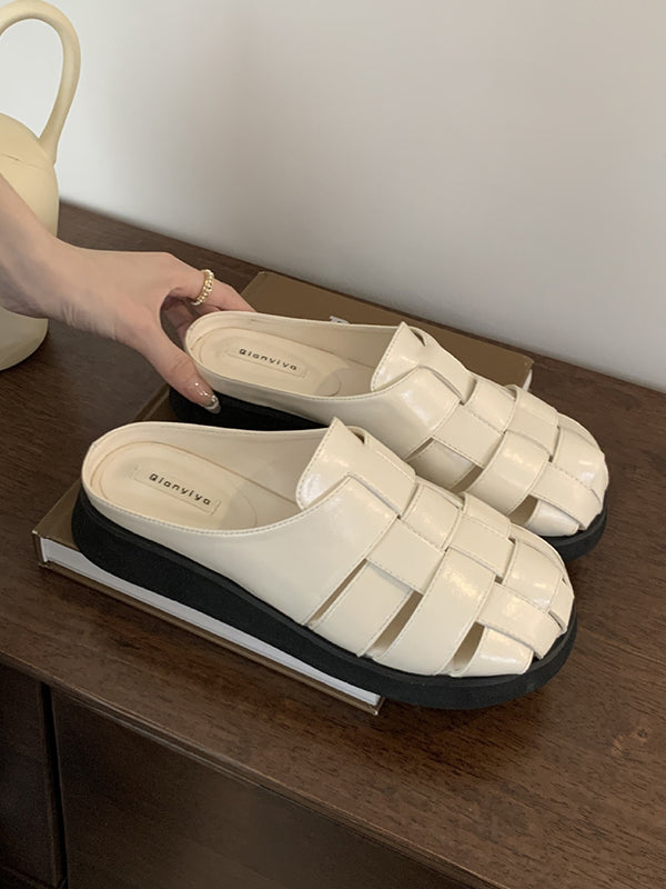 Hollow Round-Toe Split-Joint Woven Sandals Slippers&Mules