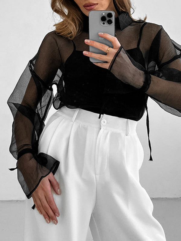 Long Sleeves Loose Buttoned Drawstring See-Through Lapel Blouses&Shirts Tops