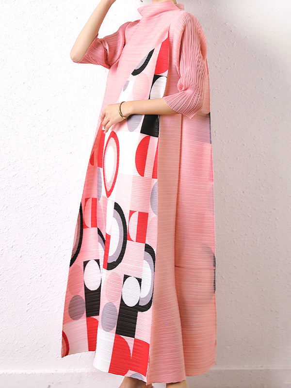 Fashion Loose Geometric Printed Pleated Midi Dress