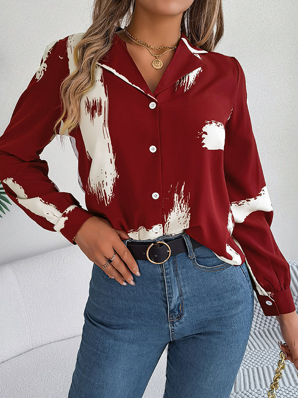 Long Sleeves Loose Buttoned Printed Notched Collar Blouses&Shirts Tops