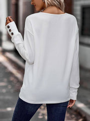 Solid V-neck Loose Long Sleeve Button Top