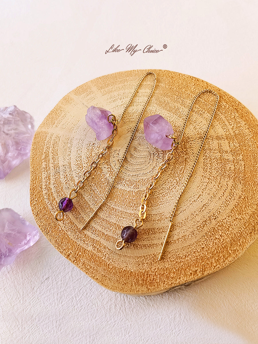 Natural Amethyst Tassels Long Chain Earrings