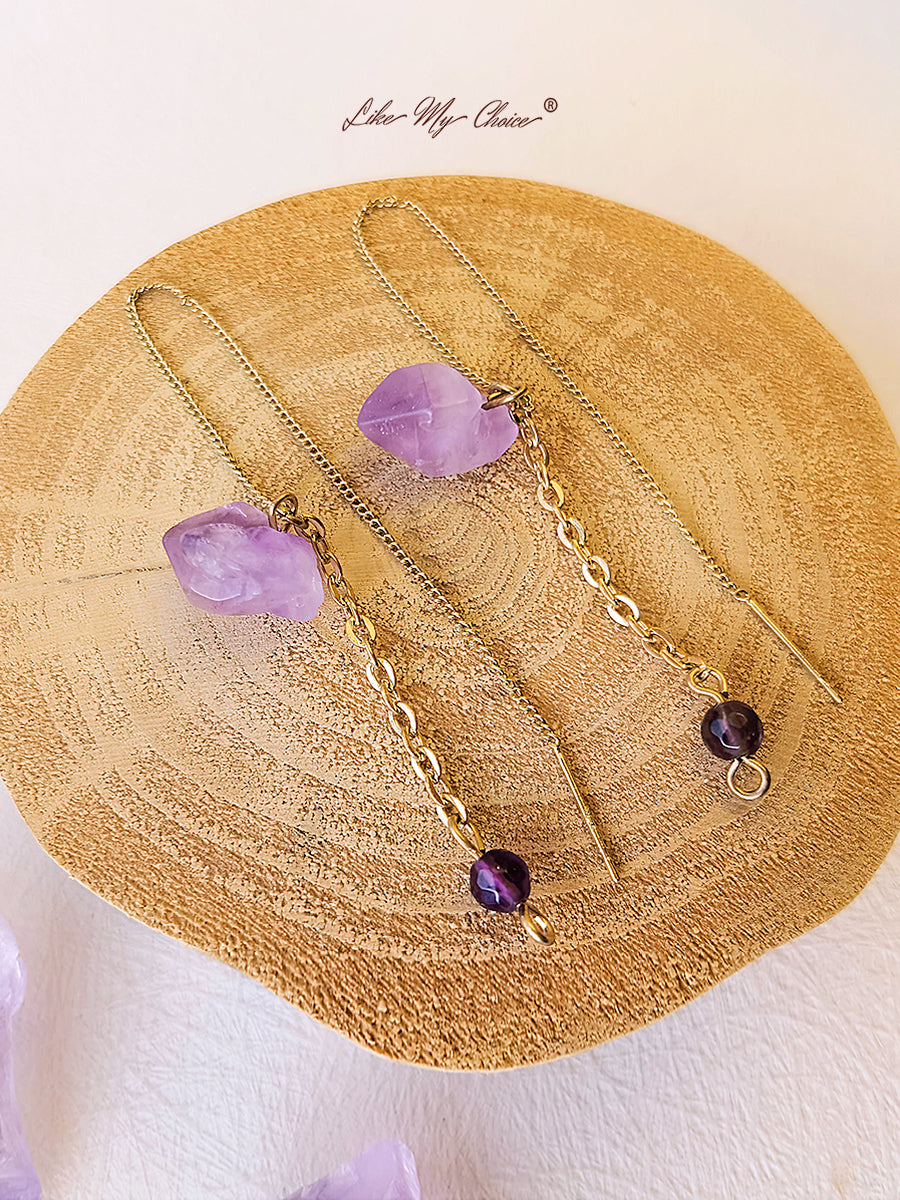 Natural Amethyst Tassels Long Chain Earrings