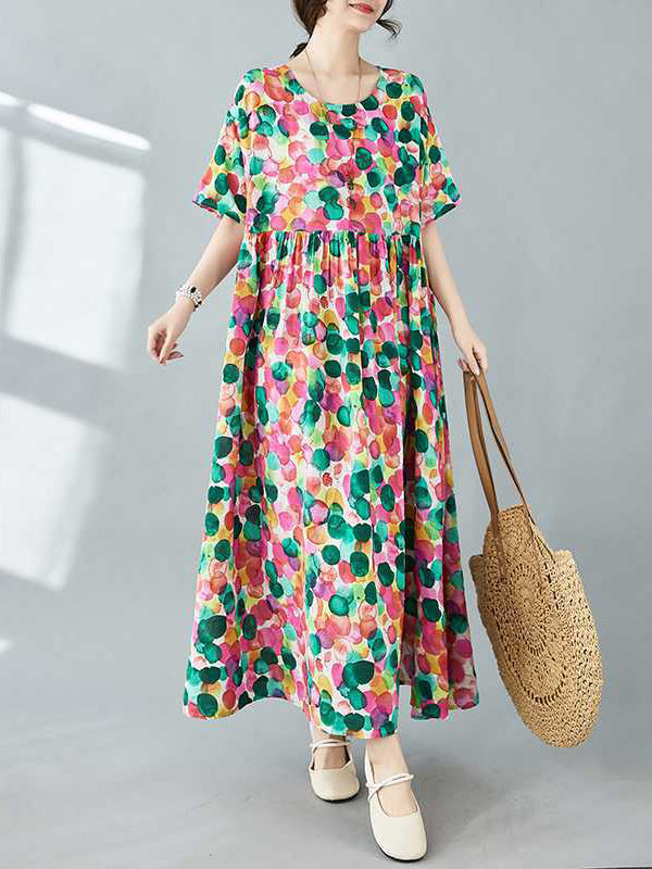 Half Sleeves Loose Pleated Polka-Dot Printed Split-Joint Round-Neck Midi Dresses