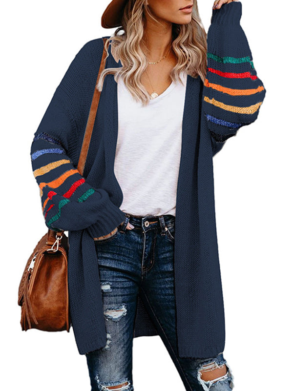 Long Sleeves Loose Colorful Contrast Color Striped Collarless Cardigan Tops