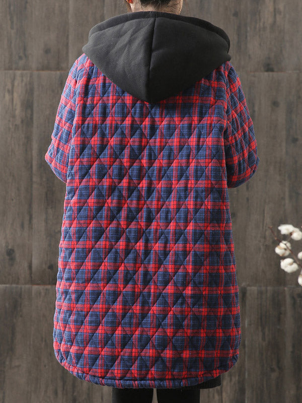 Vintage Loose Plaid Quilted Hooded Padded Coat