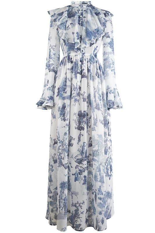 Lucile Printed Ruffle Flare Chiffon Maxi Dress