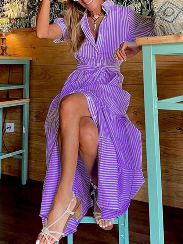 Loose Short Sleeves Striped Lapel Maxi Dresses