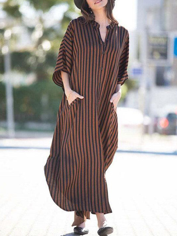 Batwing Sleeves Half Sleeves Buttoned Pockets Striped Round-Neck Beach Cover-Up Maxi Dresses