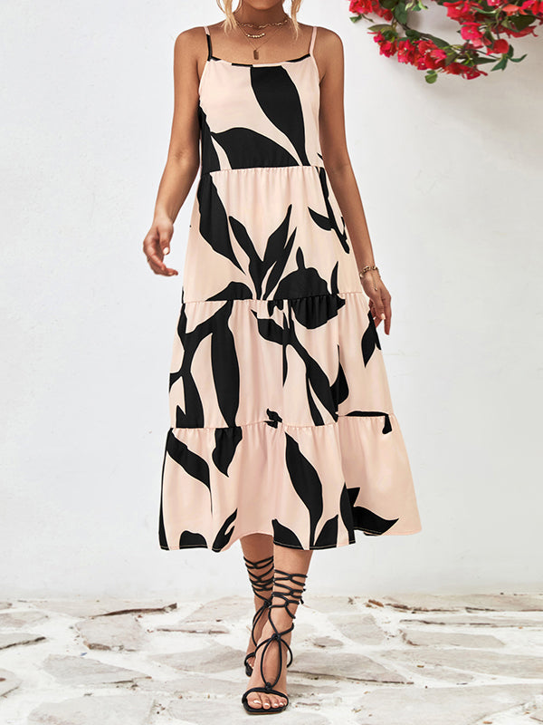 Loose Sleeveless Contrast Color Floral Printed Spaghetti-Neck Midi Dresses