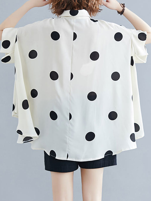 Batwing Sleeves Loose Polka-Dot Lapel Blouses&Shirts Tops