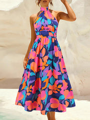 A-Line Loose Pleated Printed Split-Joint Halter-Neck Midi Dresses