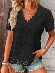 Loose Plus Size Embroidered Hollow Solid Color Split-Joint V-Neck T-Shirts Tops