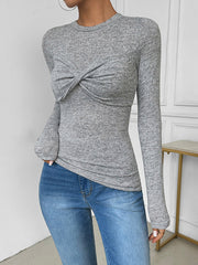 Long Sleeves Skinny Knot Solid Color Round-Neck T-Shirts Tops