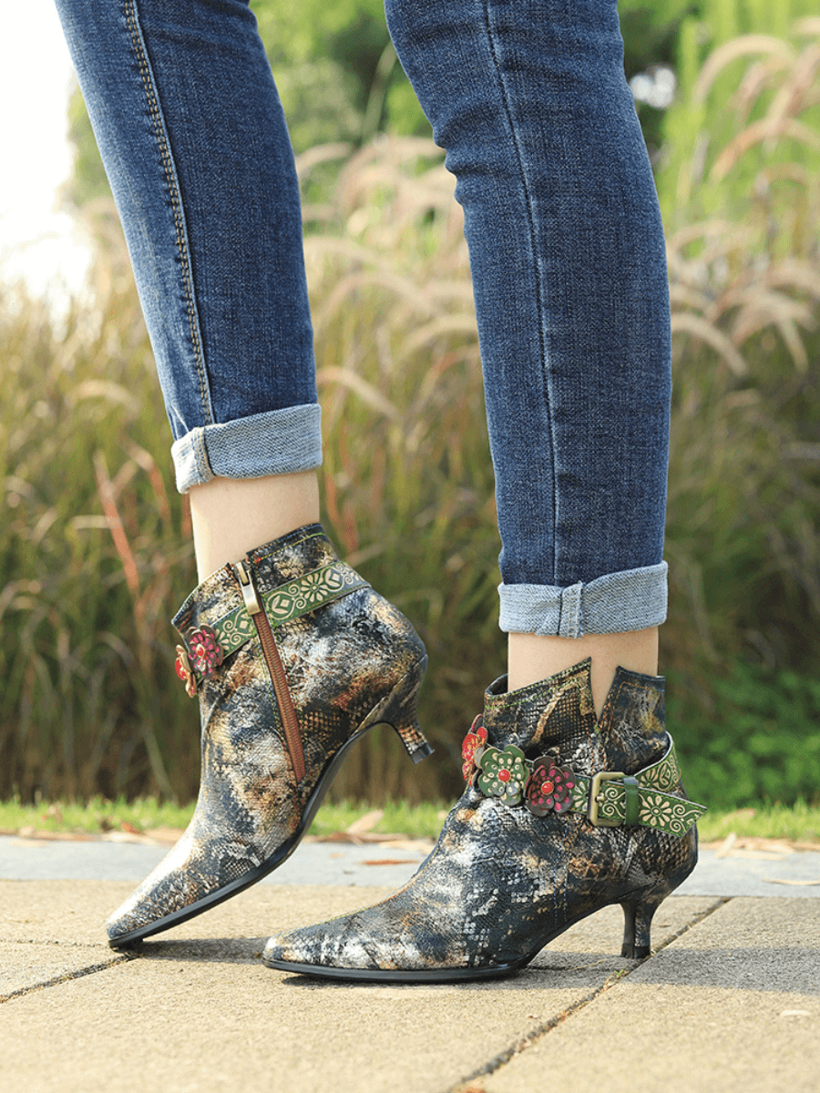 SOFFIA | SNAKE PATTERN EMBOSSED GREEN LEATHER KITTEN HEEL ANKLE BOOT