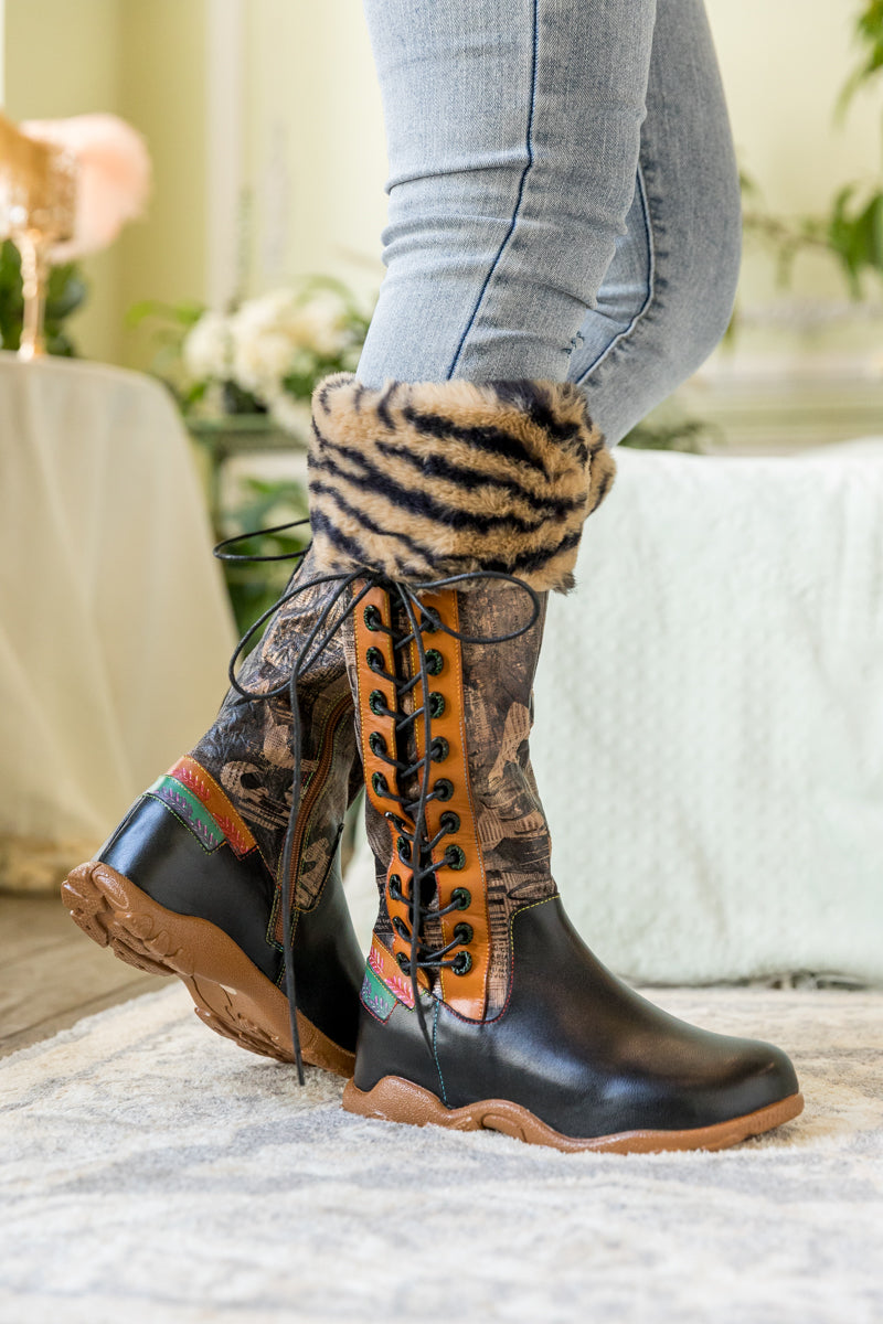 SOFFIA | TIGER PATTERN FUR CIRCUM LEATHER TIE-ACCENT BOOT