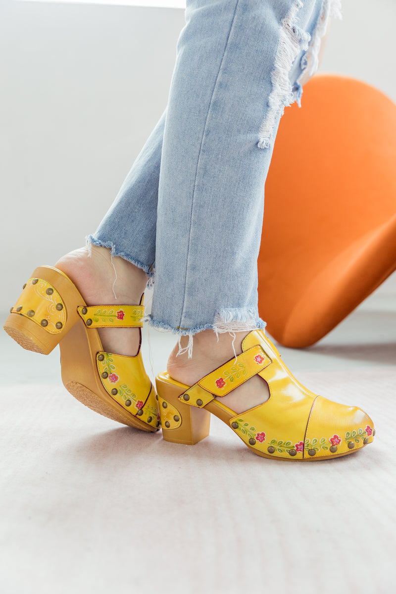 SOFFIA | FLORAL EMBOSSED YELLOW GENUINE LEATHER CLOG