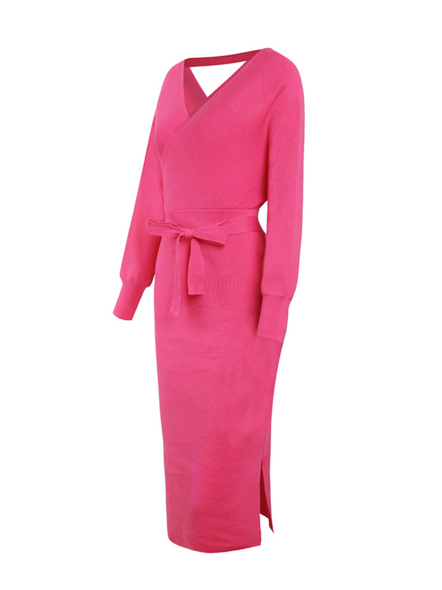 Lorene Tie Waist Midi Sweater Dress - Pink