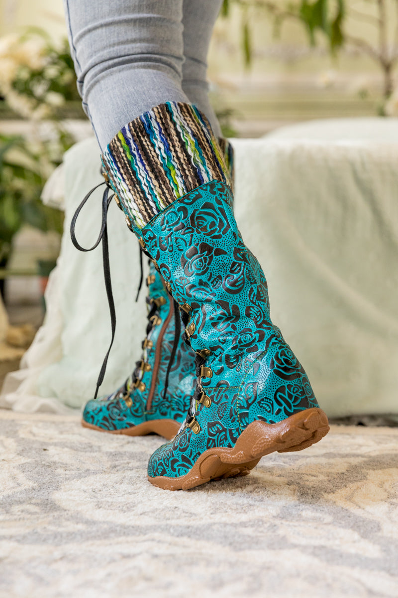 SOFFIA | ROSE EMBOSSED TEAL LEATHER TIE-ACCENT BOOT