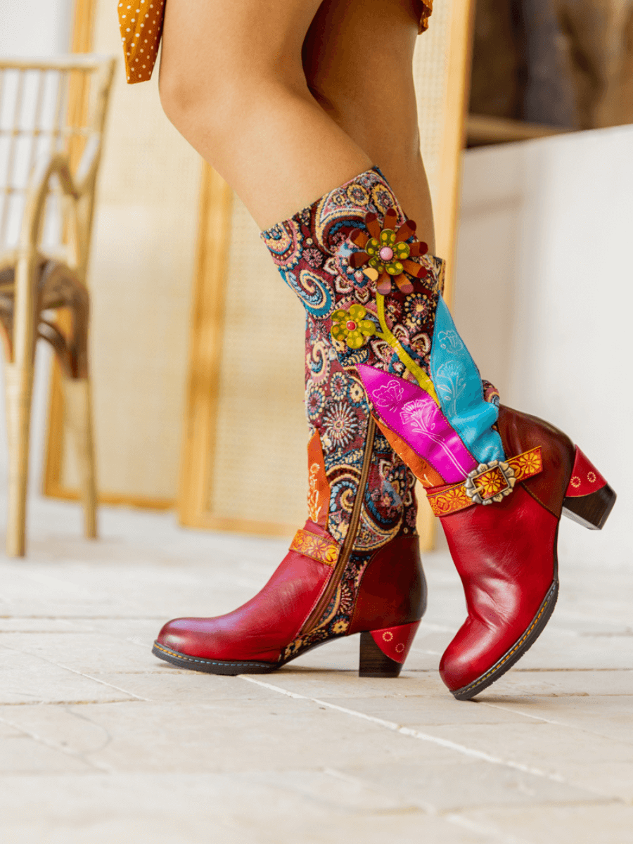 Soffia | Brycen Abstract Swirl Print Floral Applique Leather Boots