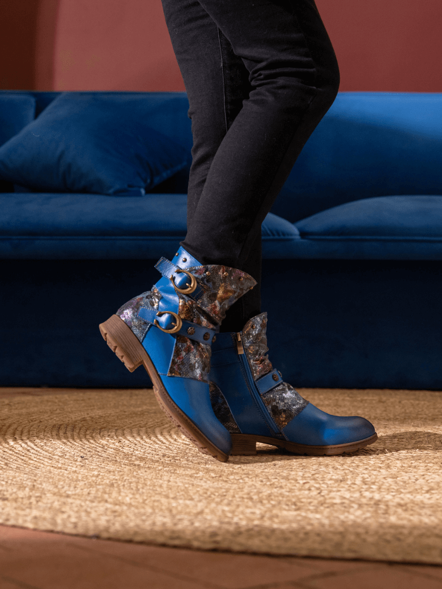 Soffia | Nicolette Rivet Stud Leather Moto Boots - Blue