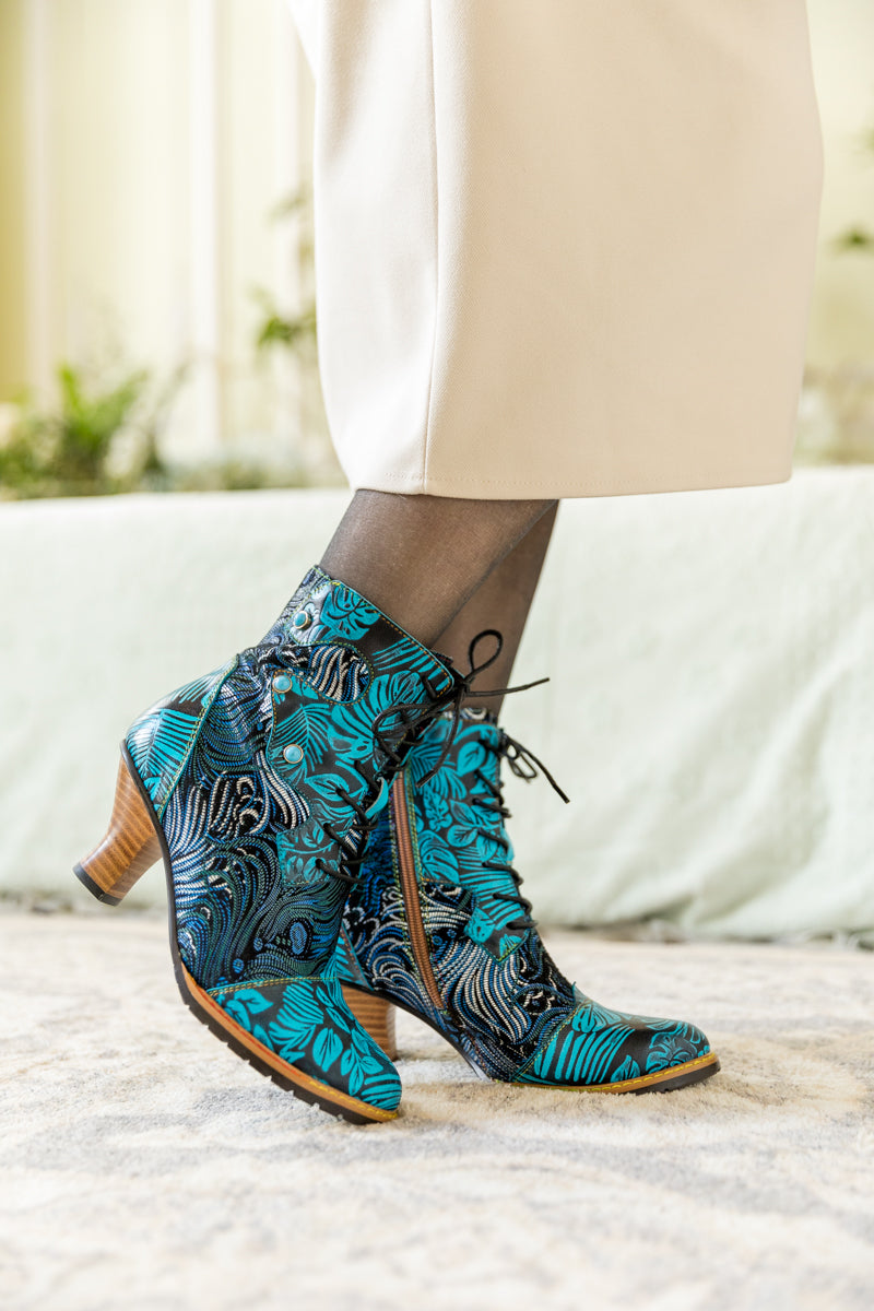 SOFFIA | PALM LEAF PEACOCK FEATHER LEATHER ANKLE BOOT