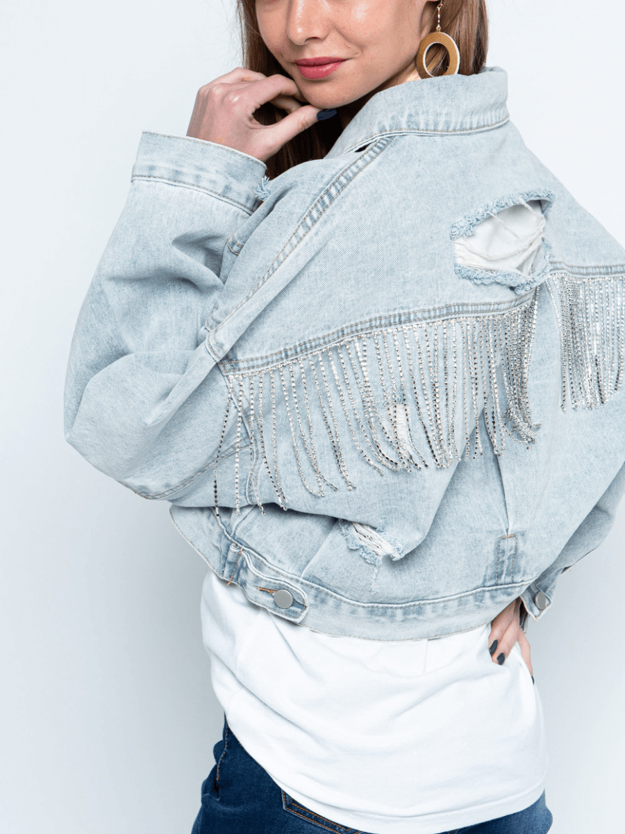 BACK TASSEL SEQUINS RIBBED DENIM JACKET - BLUE