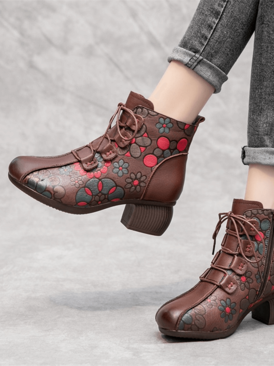 RUMOUR HAS IT | LACE-UP FLORAL EMBOSSED LEATHER BOOT - BROWN