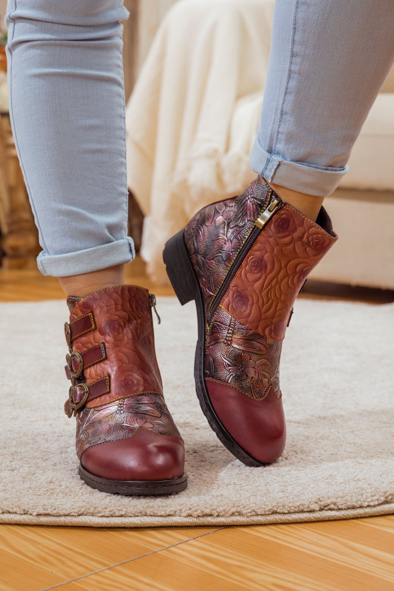 SOFFIA | ROSE GARDEN EMBOSSED LEATHER STRAP BOOT - CLARET