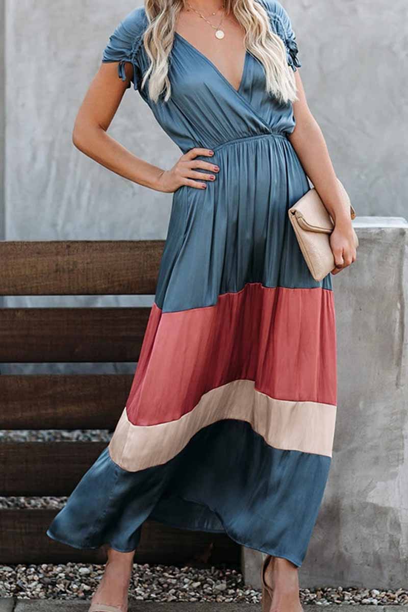 Chicindress Summer Loose Multicolor Stitching V-Neck Short Sleeves Midi Dress