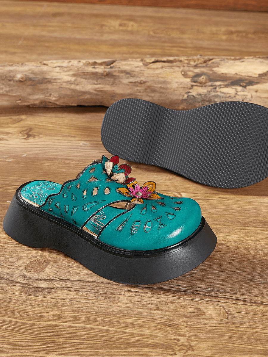 SOFFIA | GEOMETRY PERFORATED TEAL LEATHER MULE