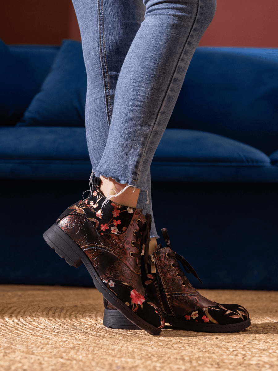 Soffia | Jordie Floral Embossed Leather Combat Boots - Red