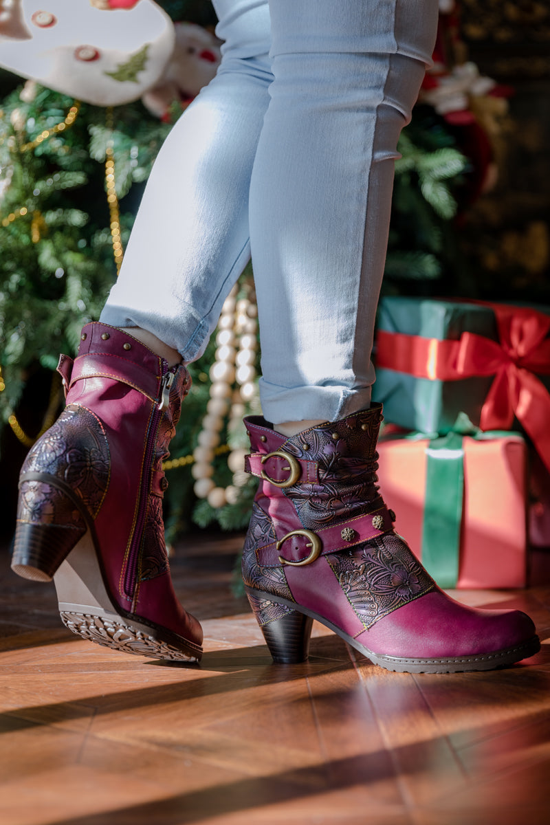 SOFFIA | FLORAL EMBOSSED BUCKLE UP LEATHER BOOTIE - VIOLET