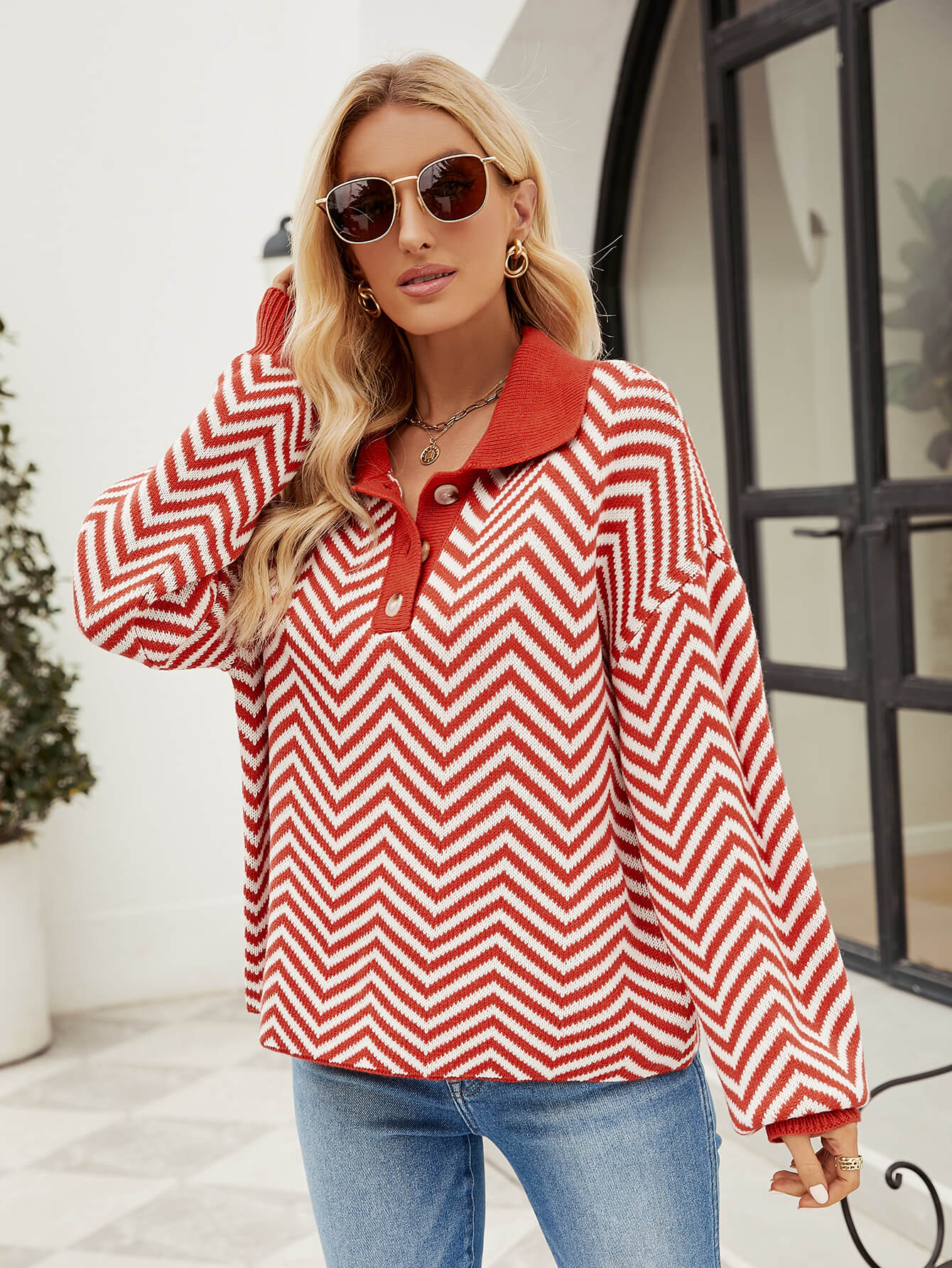 Benji Zig Zag Striped Batwing Sleeve Sweater - Red