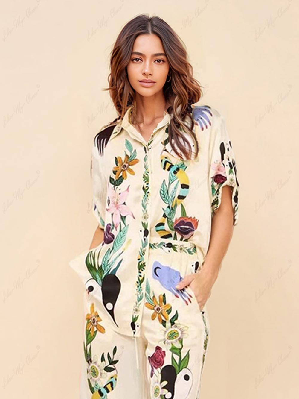 Sophisticated Feel Satin Unique Print Button Down Oversized Blouse