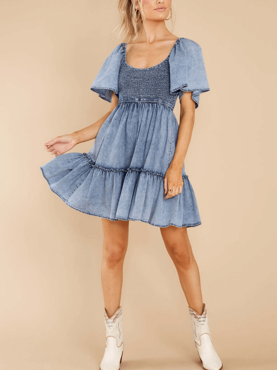 BILLY DENIM SMOCKED BABYDOLL MINI DRESS