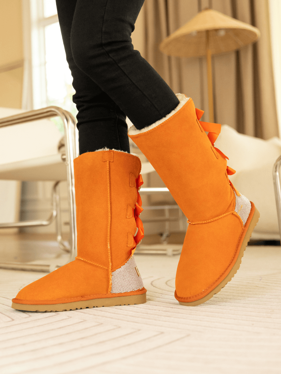 SMAIBULUN Ugg | Rhinestone Ribbon Tri-Tie Bow Suede Boots - Orange