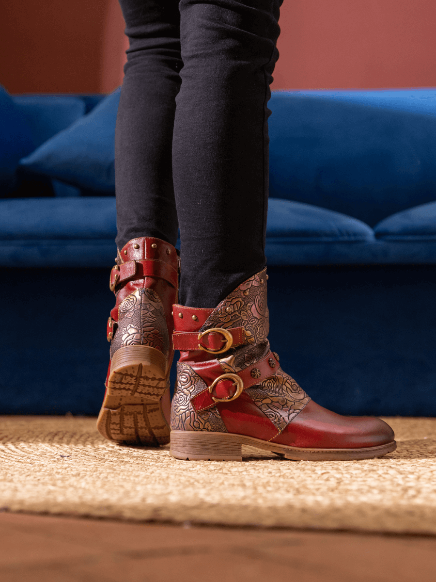 Soffia | Nicolette Rivet Stud Leather Moto Boots - Claret