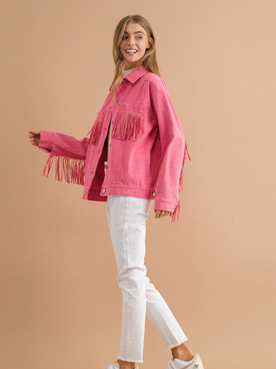 SEQUIN TASSEL WING RETRO DENIM JACKET - PINK