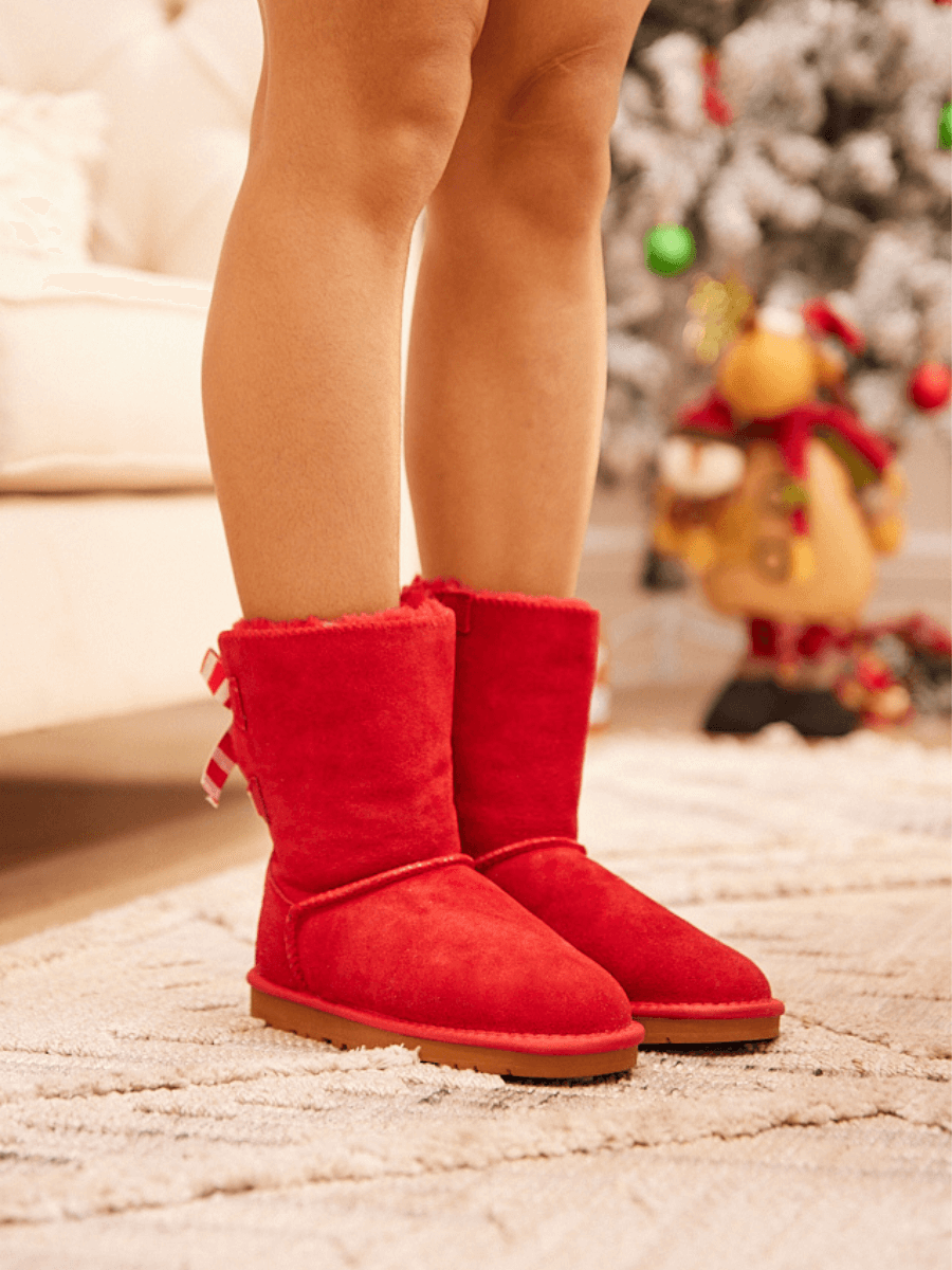 Smaibulun Ugg | Serenity Striped Bailey Bow Shearling Boots - Red