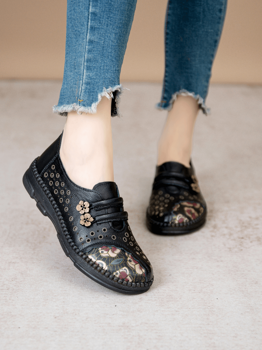 RUMOUR HAS IT | PERFORATED UPPER FLORAL EMBOSSED LEATHER LOAFER  - BLACK