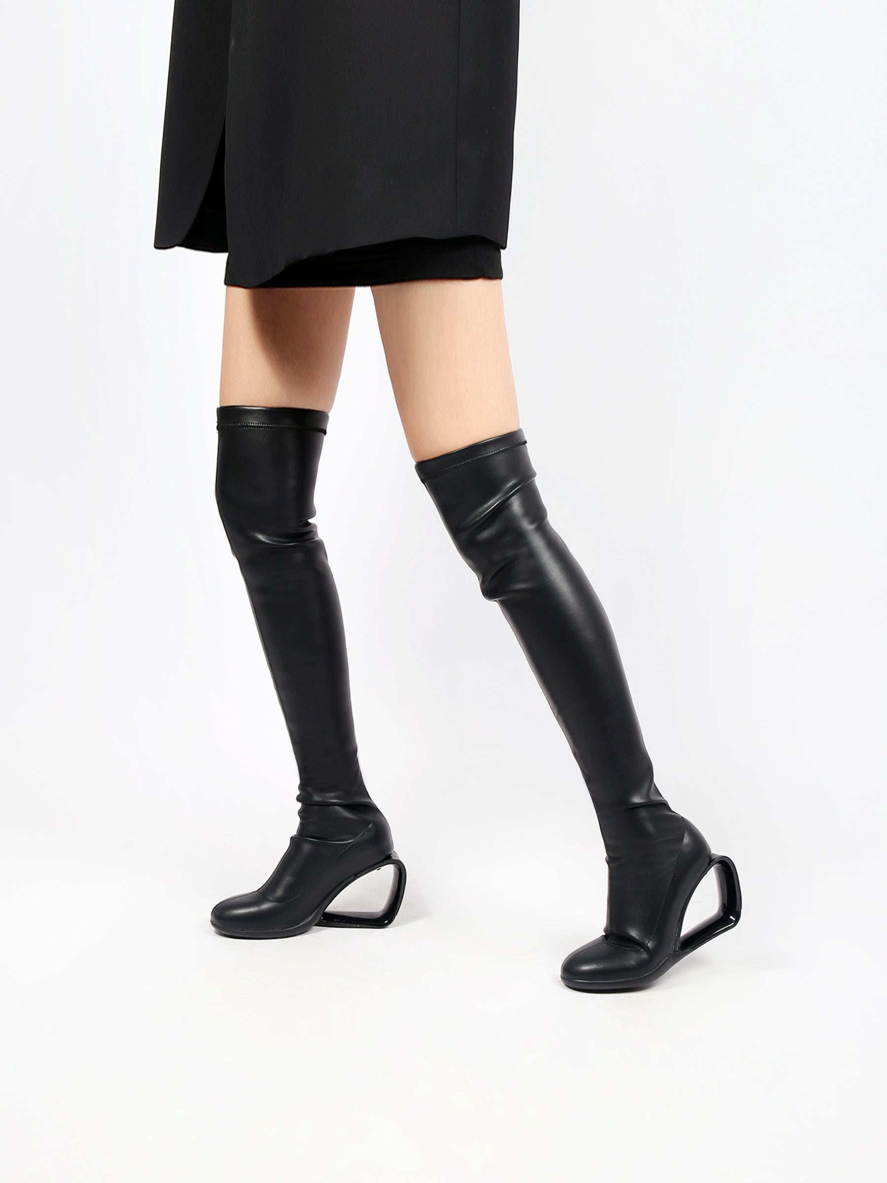 JADY ROSE | WEDGE HEEL BLACK LEATHER OVER KNEE NIGHT BOOT