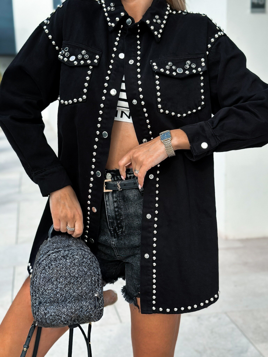 Kind Of A Big Deal Pocketed Studded Denim Jacket - Black