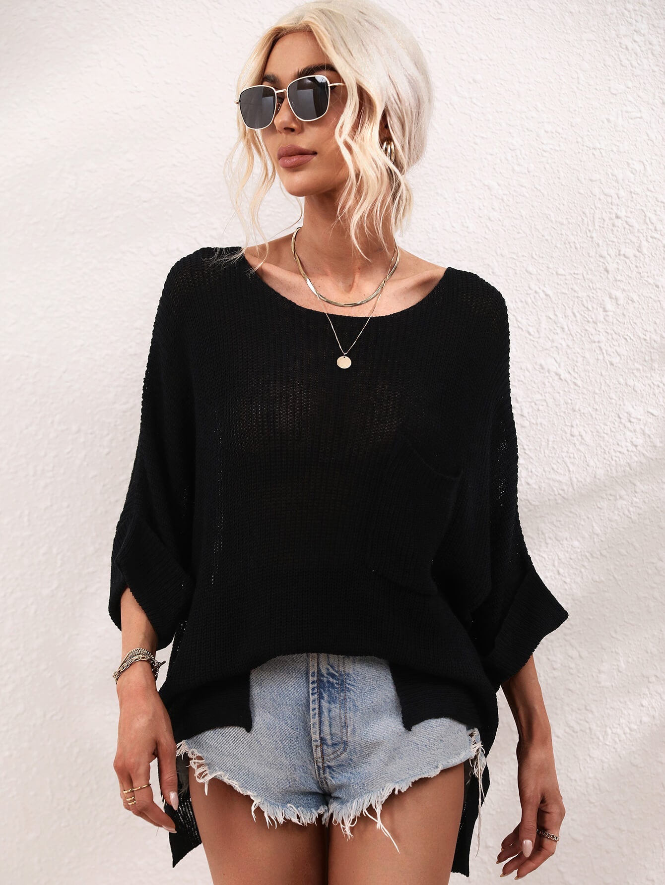 DEMETRA RIBBED KNIT SWEATER - BLACK