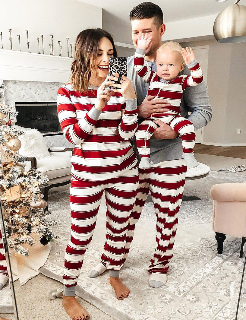 Red and White Striped Round Collar Matching Pajamas Set