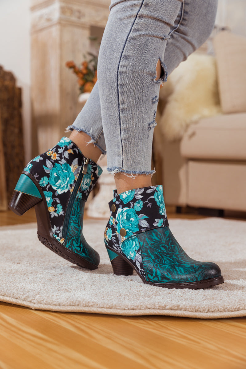 SOFFIA | TURQUOISE FLORAL ABSTRACT LEATHER BOOTIE