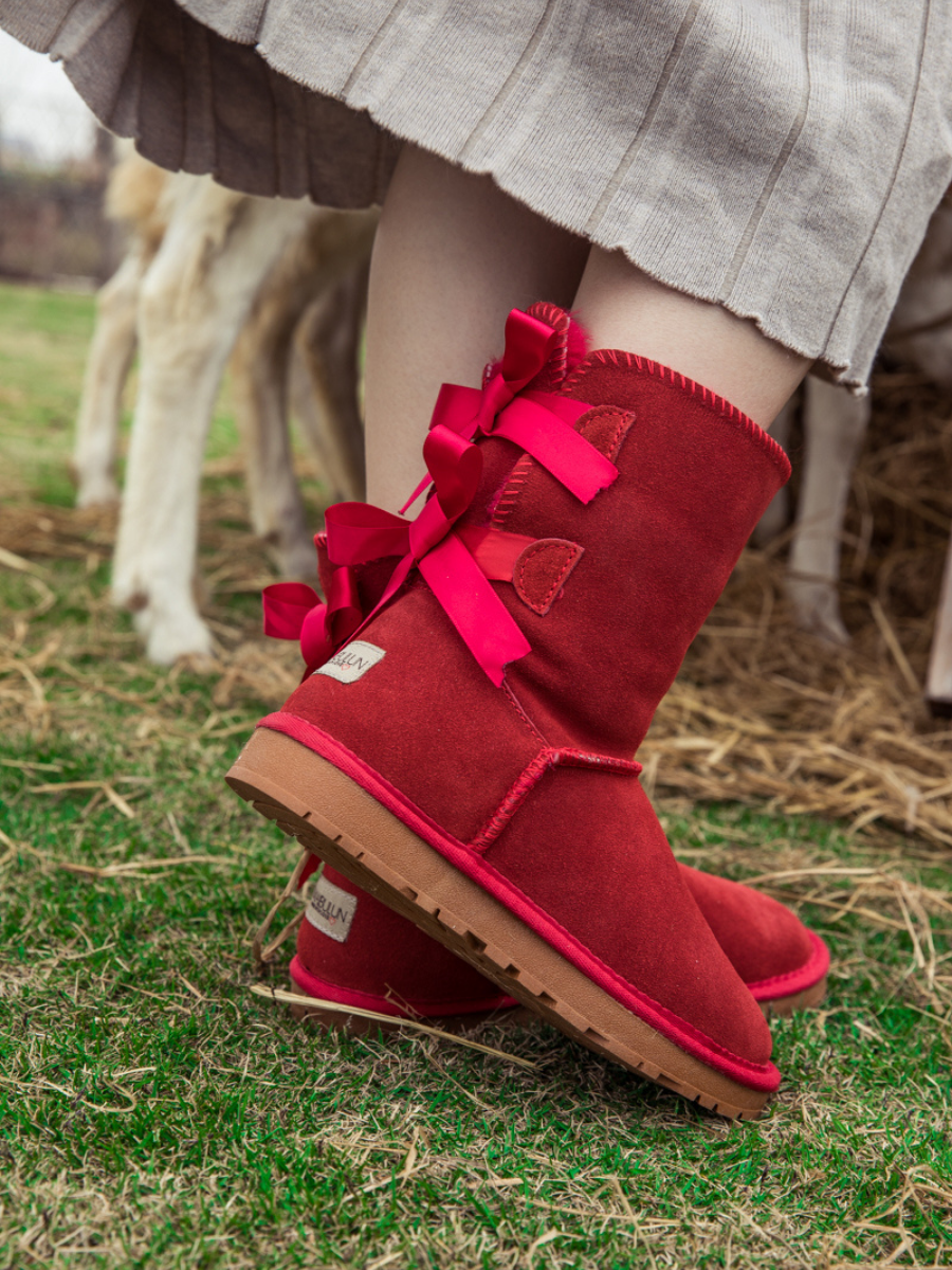 SMAIBULUN Ugg | DOUBLE RIBBON BOW SUEDE BOOT - Red