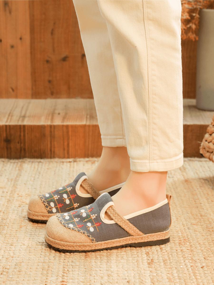 CACTUS ROSE | SWEET GARDEN EMBROIDERED LINEN ESPADRILLE - GREY