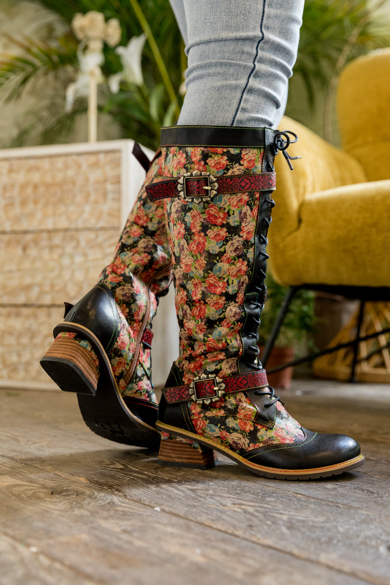 SOFFIA | BLOOMING FLORAL TIE-ACCENT LEATHER KNEE HIGH BOOT