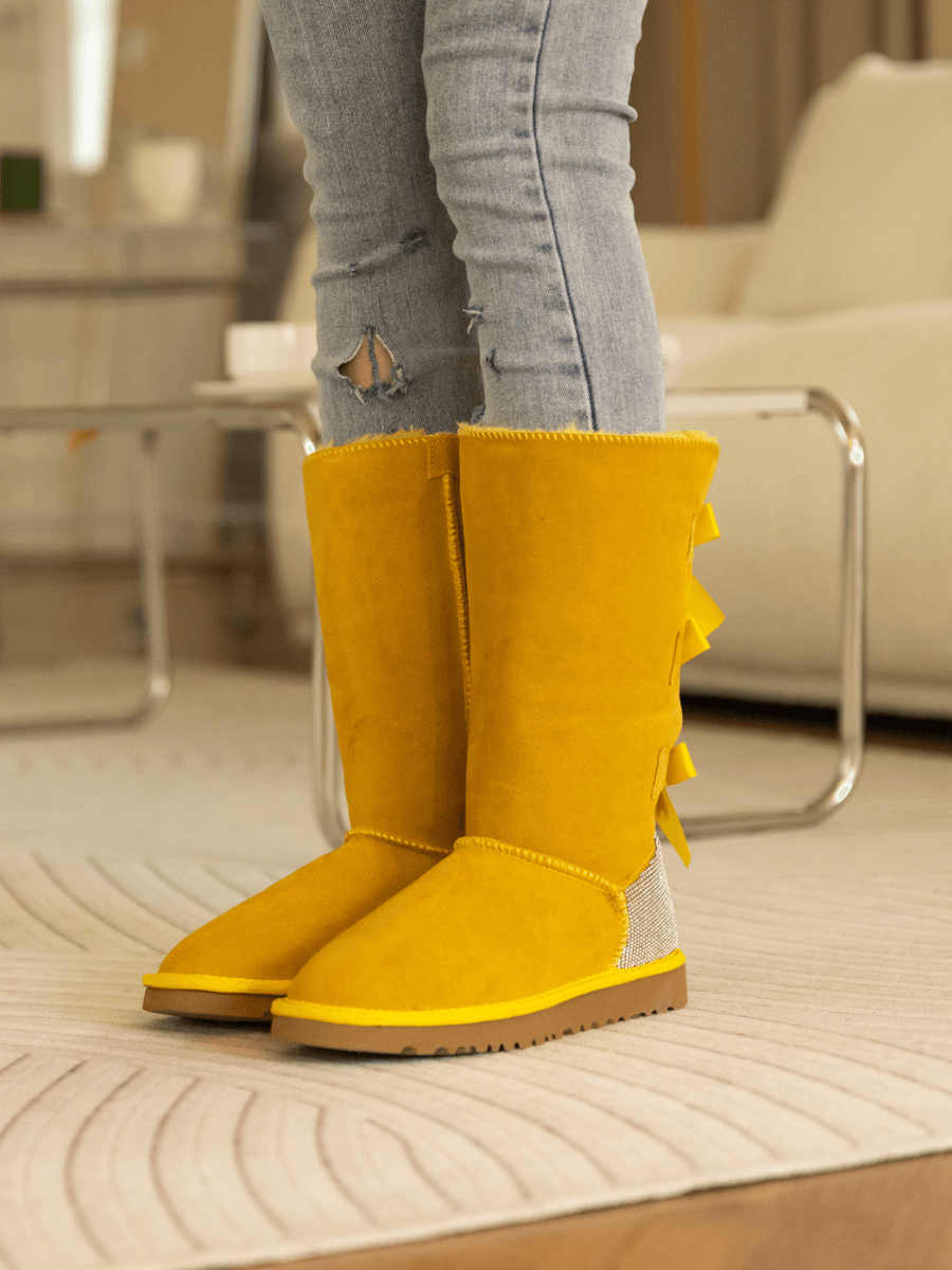 SMAIBULUN Ugg | Rhinestone Ribbon Tri-Tie Bow Suede Boots - Yellow